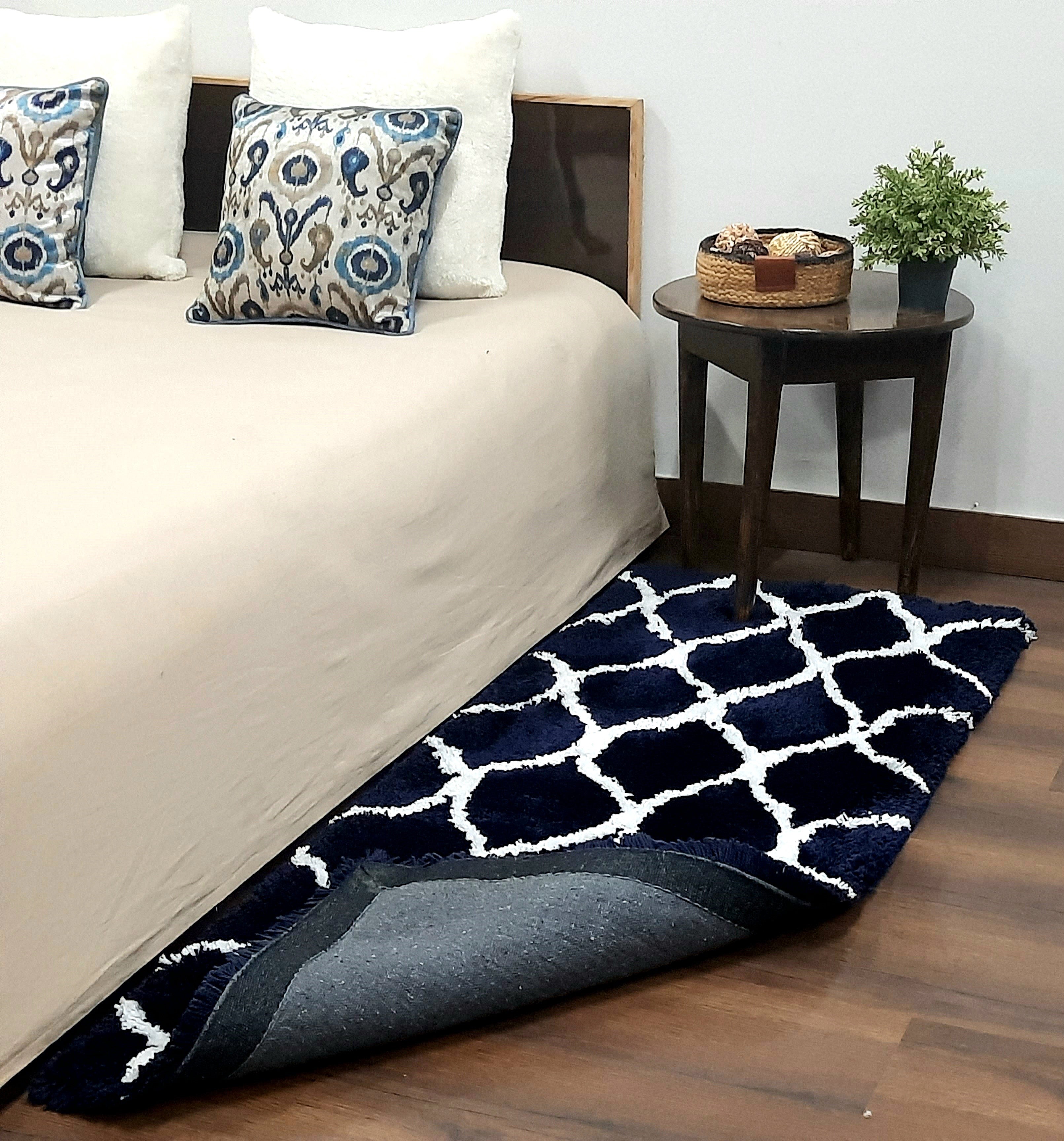 Plush Soft Washable Shaggy Navy Blue Carpet With White Moroccan Design /Bedside Runners by Avioni Home