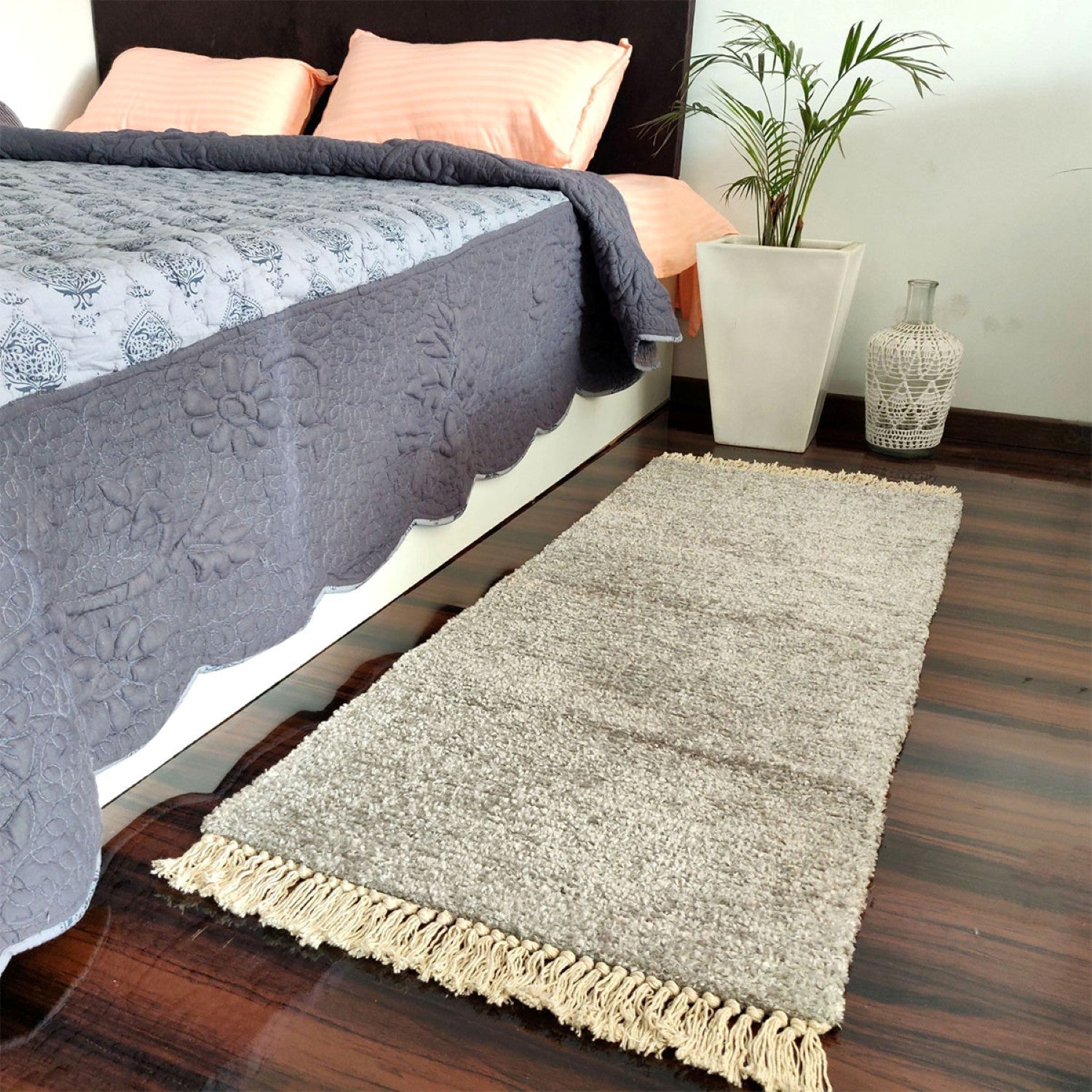 Avioni Bedside/Hallway/Pooja Carpets In Faux Silk Silver Plain -56cm X140 cm (~22inch X 55 Inch)
