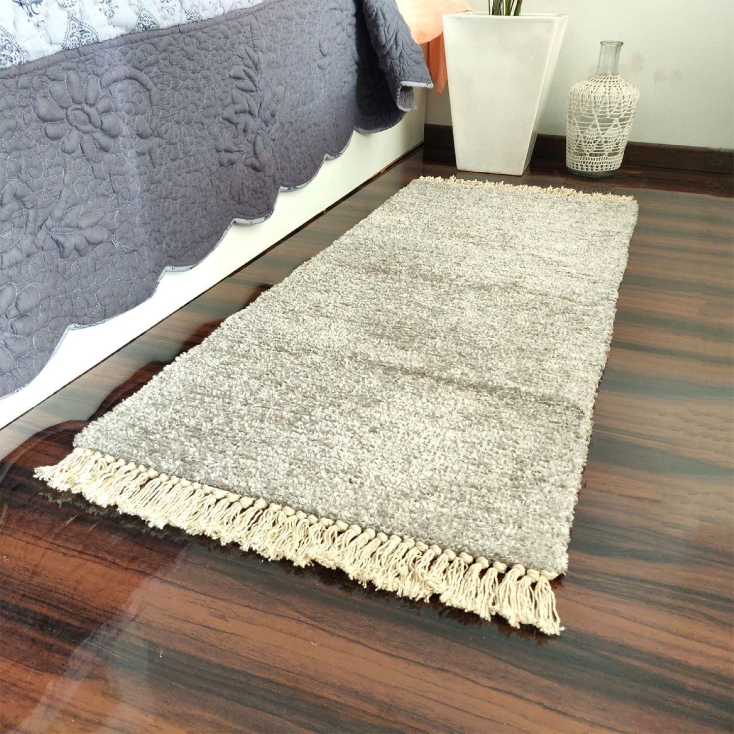 Avioni Bedside/Hallway/Pooja Carpets In Faux Silk Silver Plain -(22X55 Inch)–56X140 cms