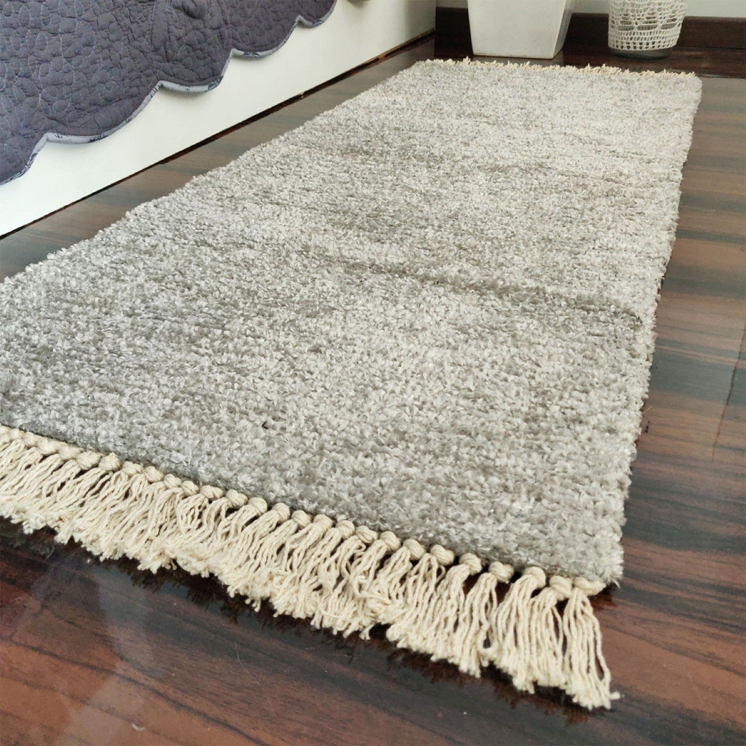 Avioni Bedside/Hallway/Pooja Carpets In Faux Silk Silver Plain -56cm X140 cm (~22inch X 55 Inch)