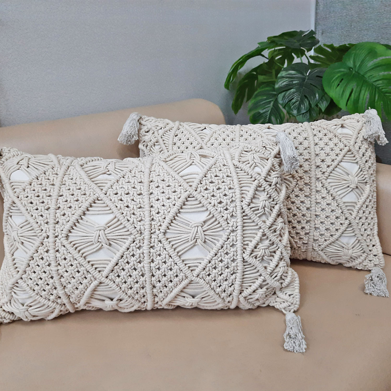 Bohemian Style Hand Knotted Macrame Cushion Covers 100% Bleached Cotton-16×24 Inch (~40×60 cms)-Set of Two