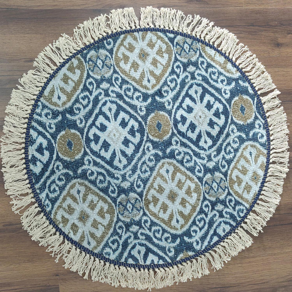Avioni Faux Silk Carpet – Contemporary Round Rug -Blue Ethnic Pattern