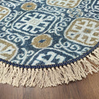 Avioni Faux Silk Carpet – Contemporary Round Rug -Blue Ethnic Pattern