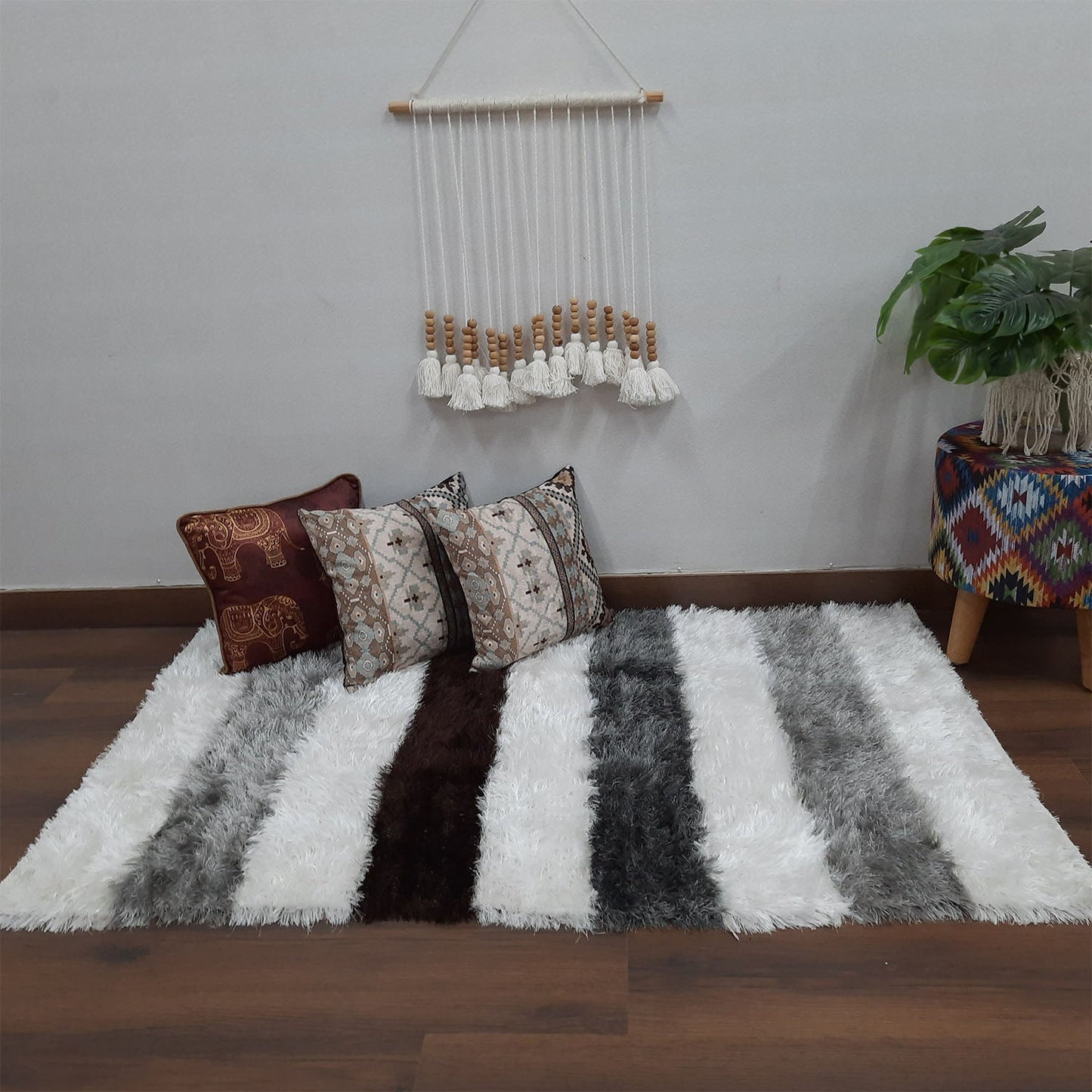 Flurry Yarn Fur Dhurrie For Living Room|Silver Stripes|By Avioni| 90cm x 150cm (~3×5 Feet)