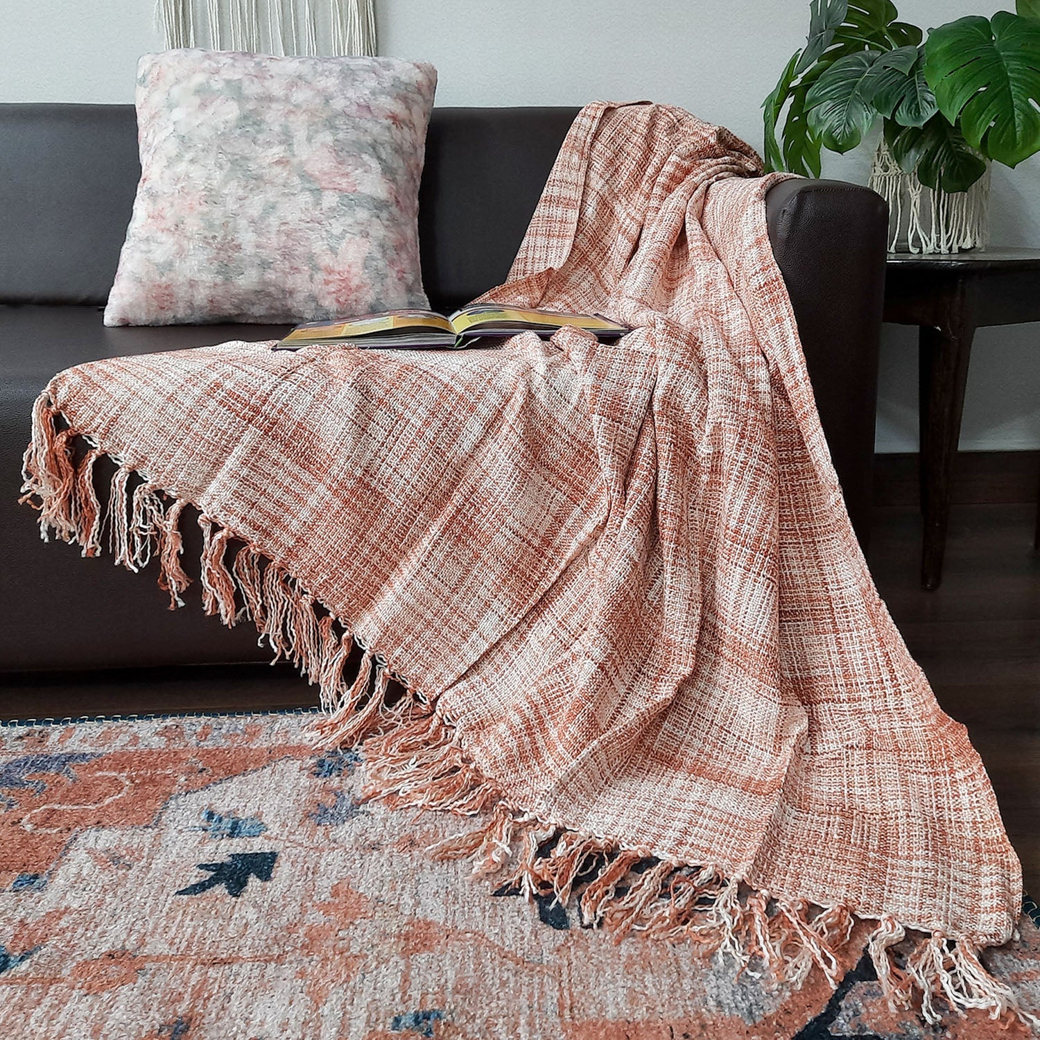 Avioni Sofa Throws/Blankets Super Soft Acrylic Handloom Weaved Orange Multicolour – (Noor Collection)-127×152 cm (50 x 60 Inch)