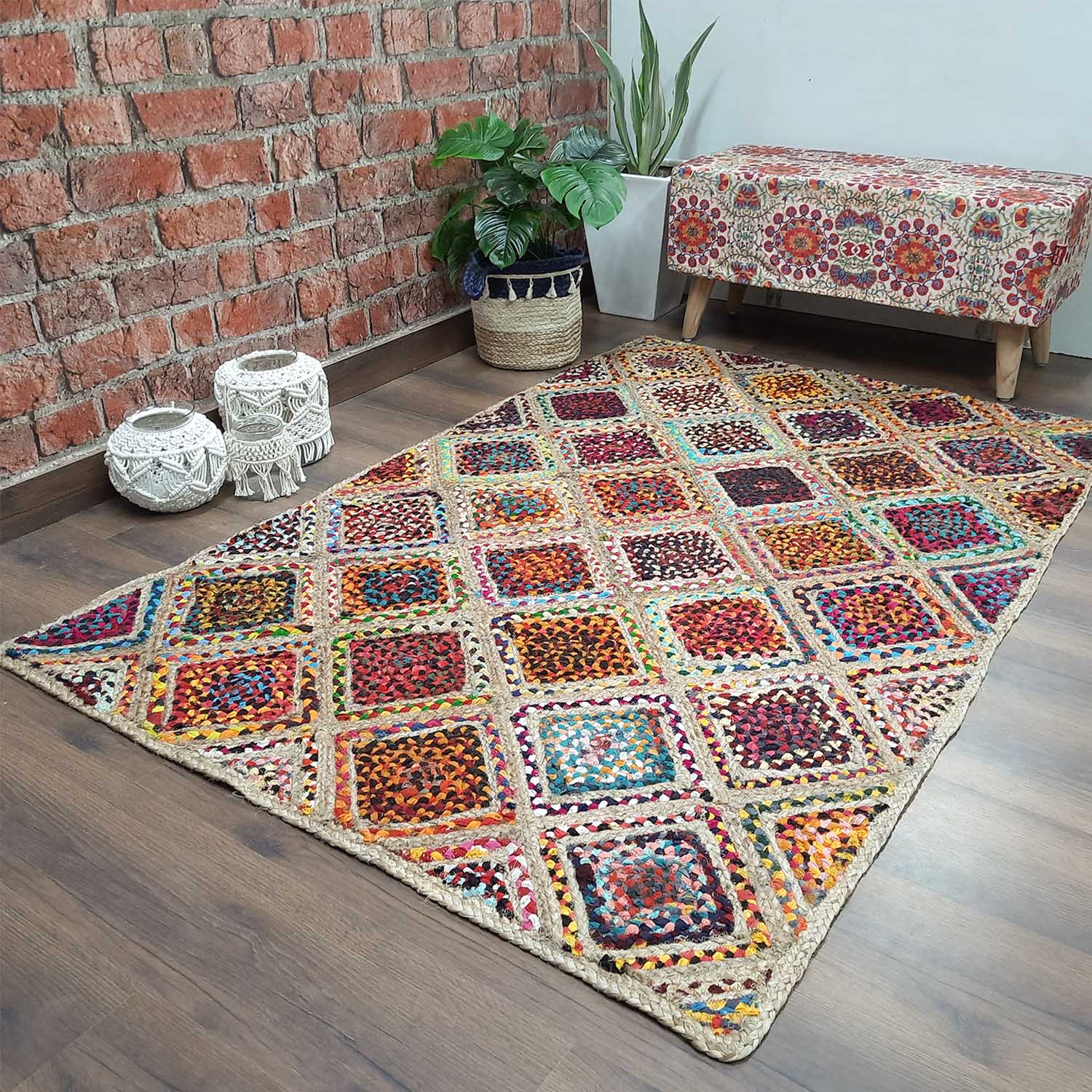 Avioni Premium Boho Collection-Chindi With Jute Diamond -Multicolor With Jute Area Rug/ Carpet- Multiple Sizes