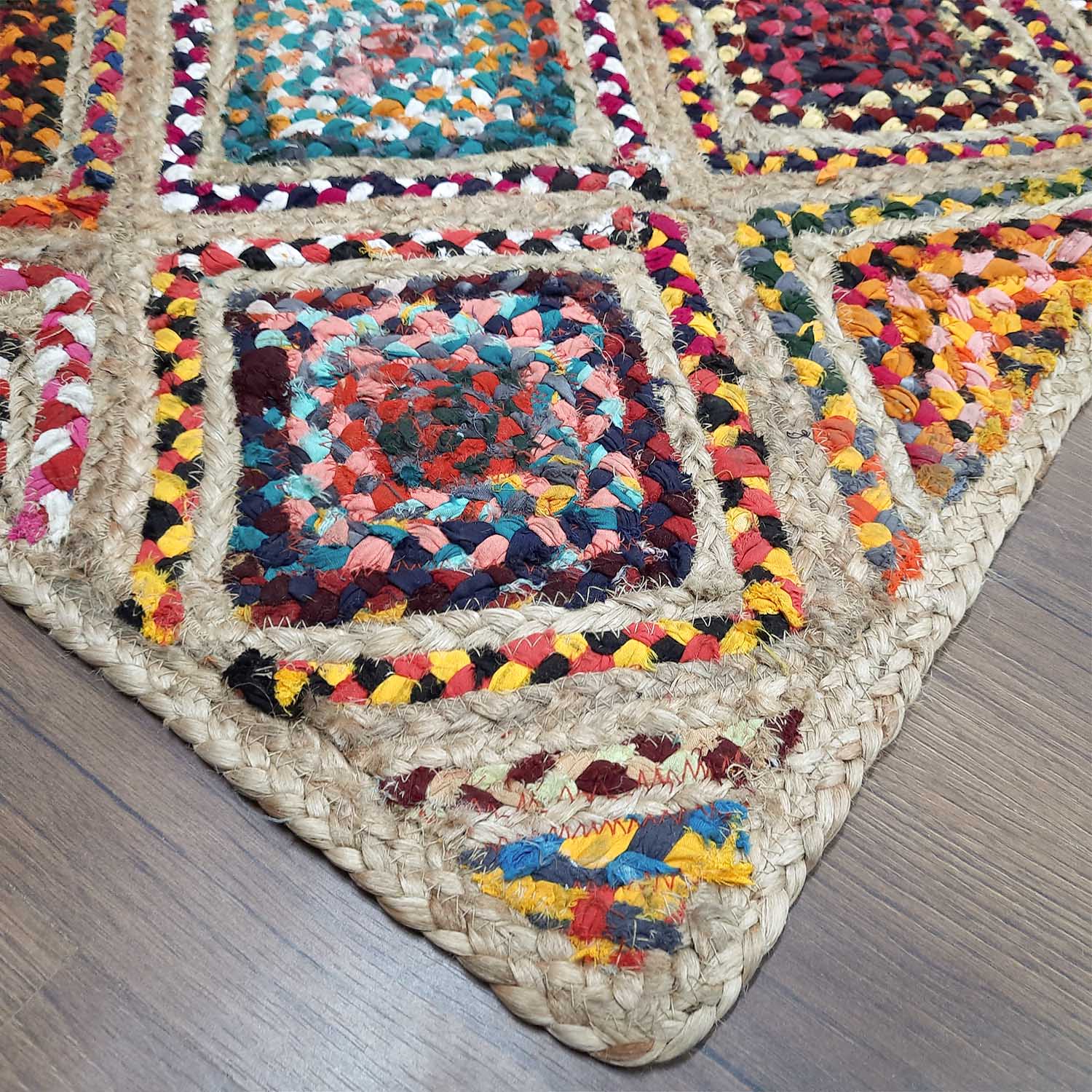 Avioni Premium Boho Collection-Chindi With Jute Diamond -Multicolor With Jute Area Rug/ Carpet- Multiple Sizes