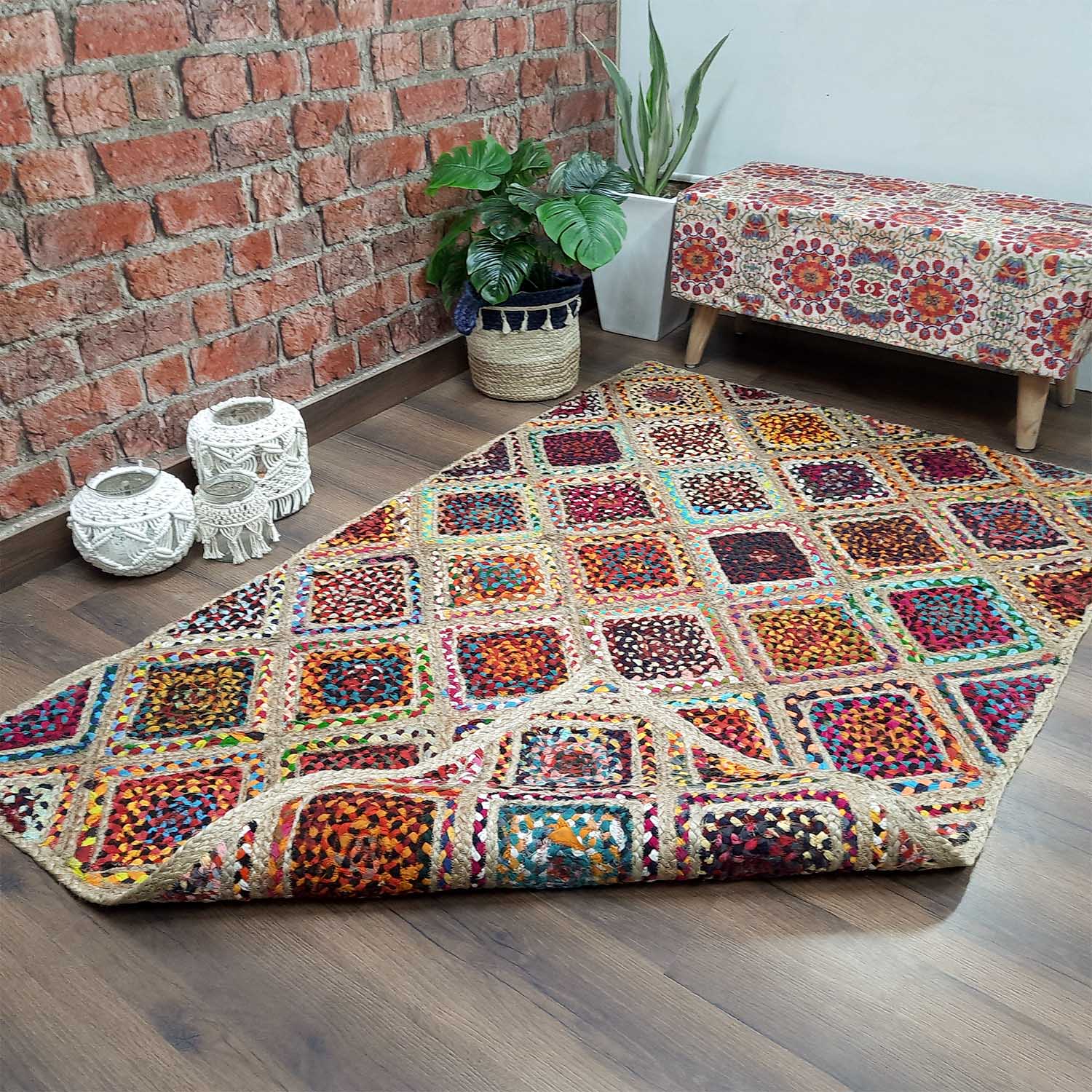 Avioni Premium Boho Collection-Chindi With Jute Diamond -Multicolor With Jute Area Rug/ Carpet- Multiple Sizes