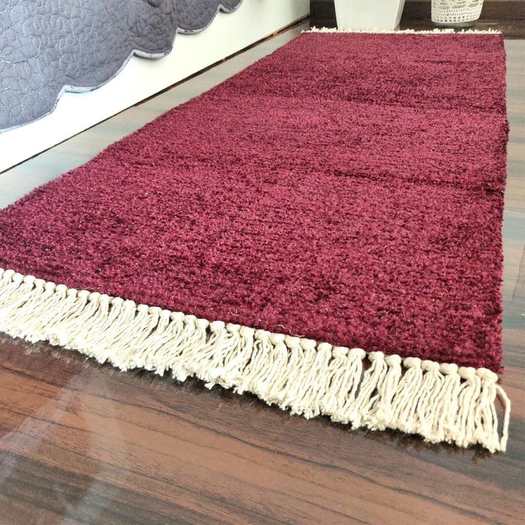 Avioni Bedside/Hallway/Pooja Carpets In Faux Silk Mahroon Plain With Lurex-(55cm x 137cm (~22″ x 55″))