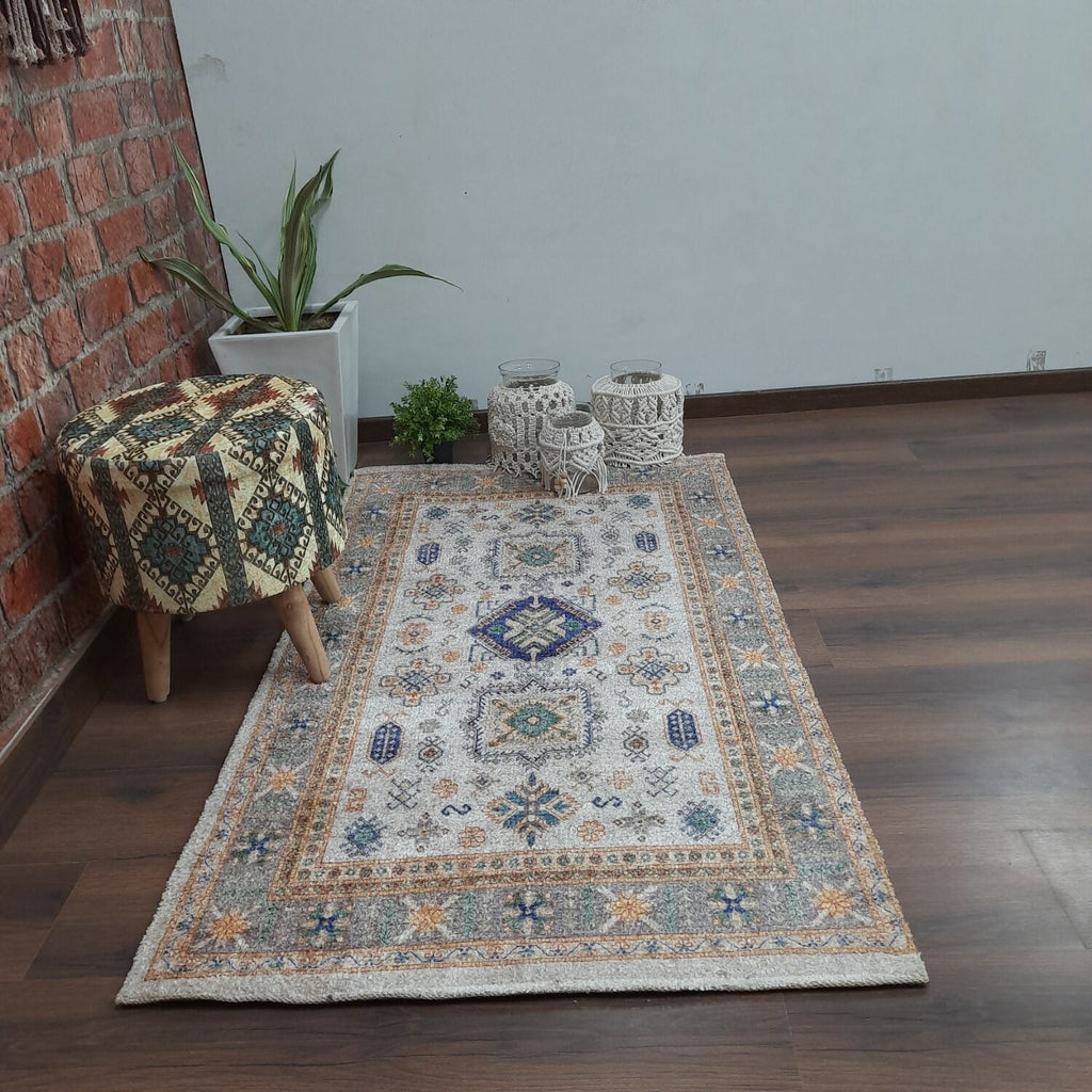 Avioni Carpet – Faux Silk- Neo Persian Collection Evergreen Cream- 90cm x 150cm (~3×5 Feet)