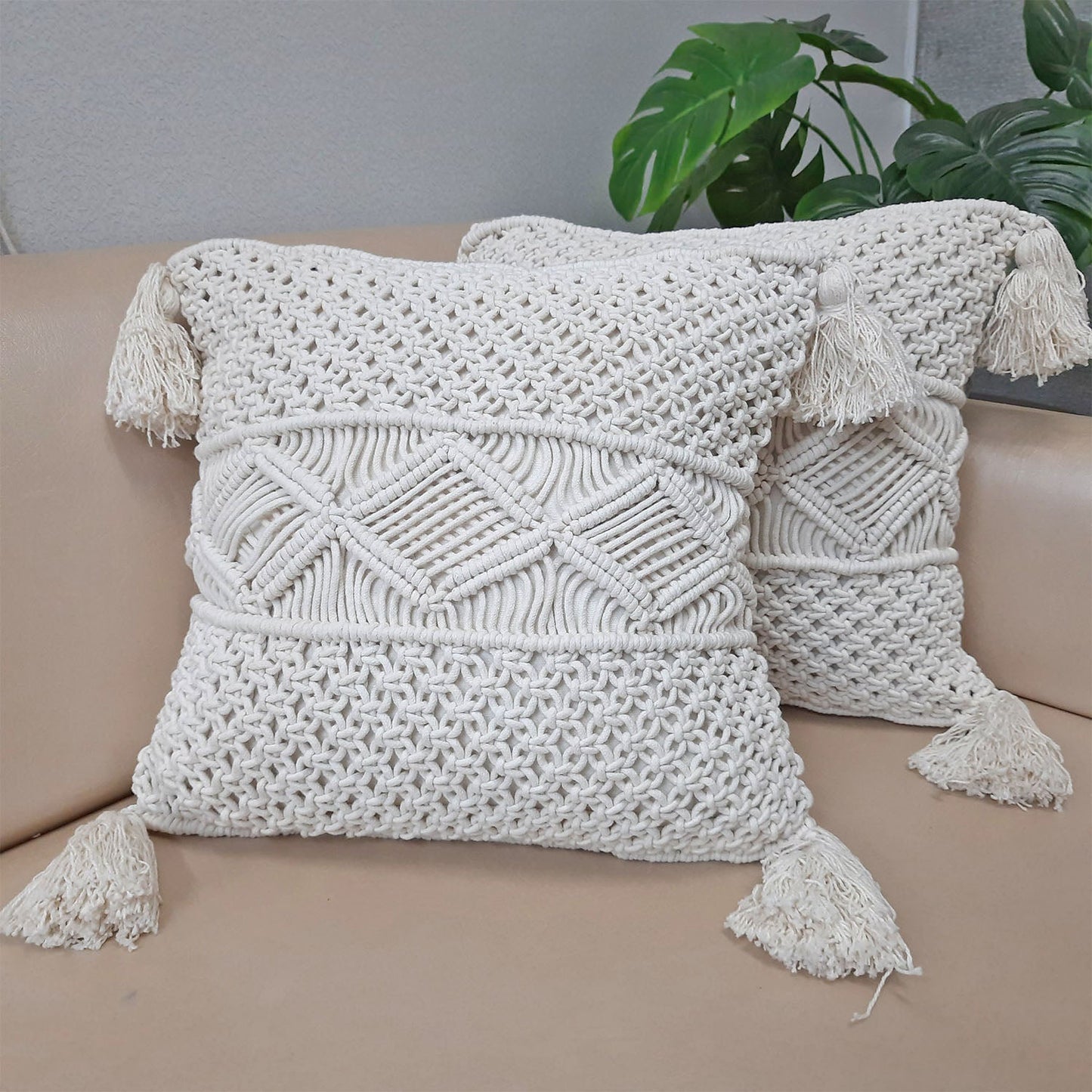 Set of Two – Bohemian Style Hand Knotted Macrame Cushion Covers 100% Bleached Cotton- 16X16 Inch (~40×40 cms)