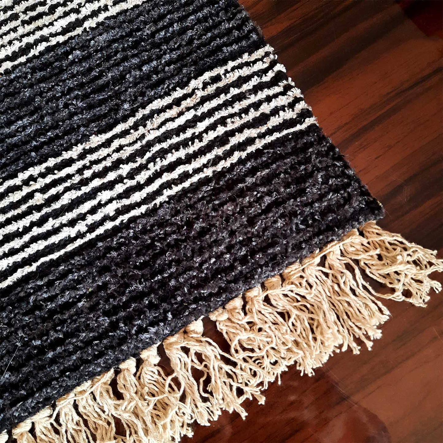Avioni Bedside/Hallway/Pooja Carpets In Faux Silk Black Gray-(22X55 Inch)-56X140 cms