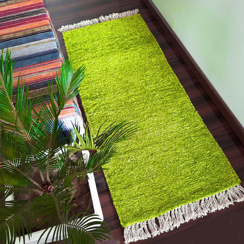 Avioni Bedside/Hallway/Pooja Carpets In Faux Silk Green-56cm x 140cm (~22Inch x 55Inch)