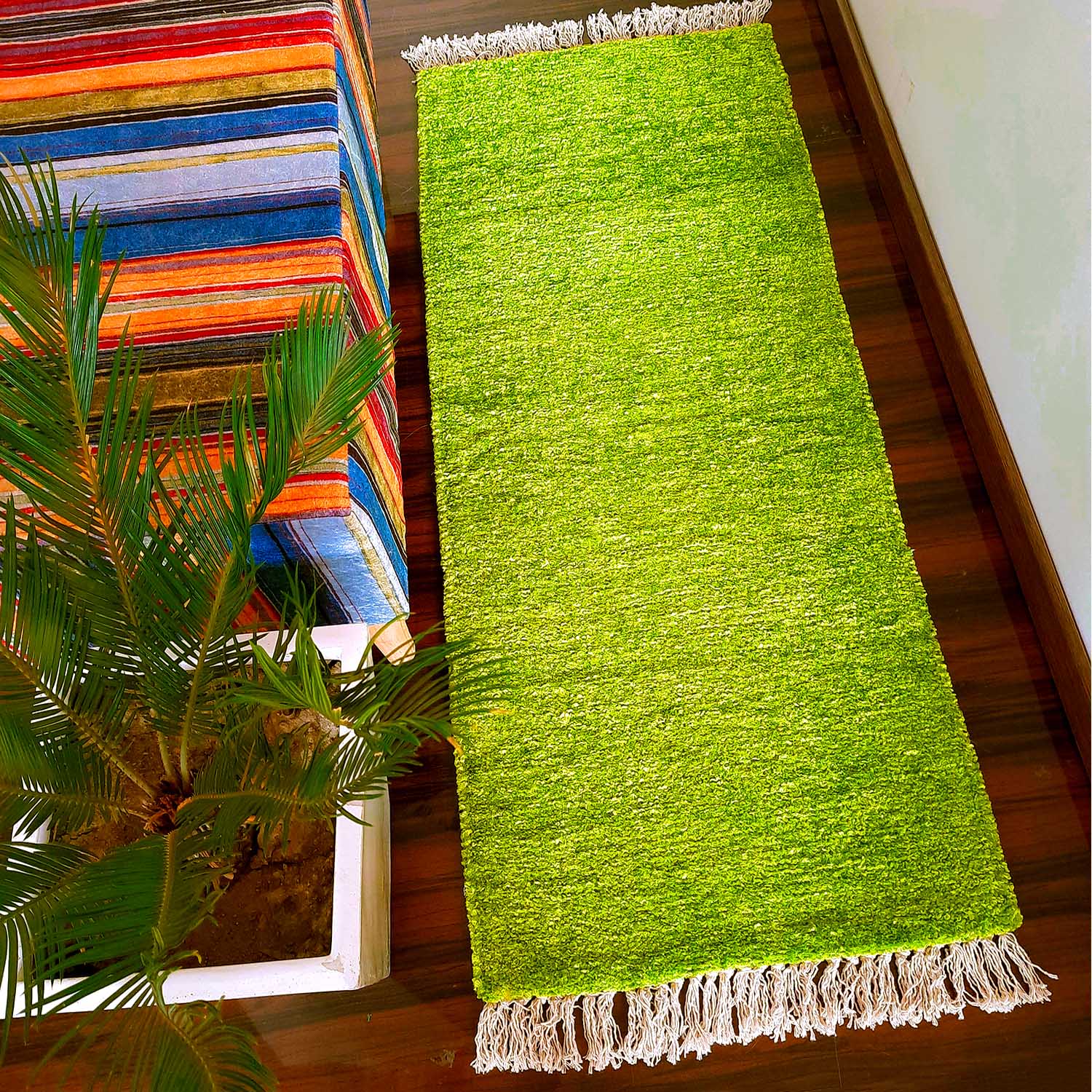 Avioni Bedside/Hallway/Pooja Carpets In Faux Silk Green-56cm x 140cm (~22Inch x 55Inch)