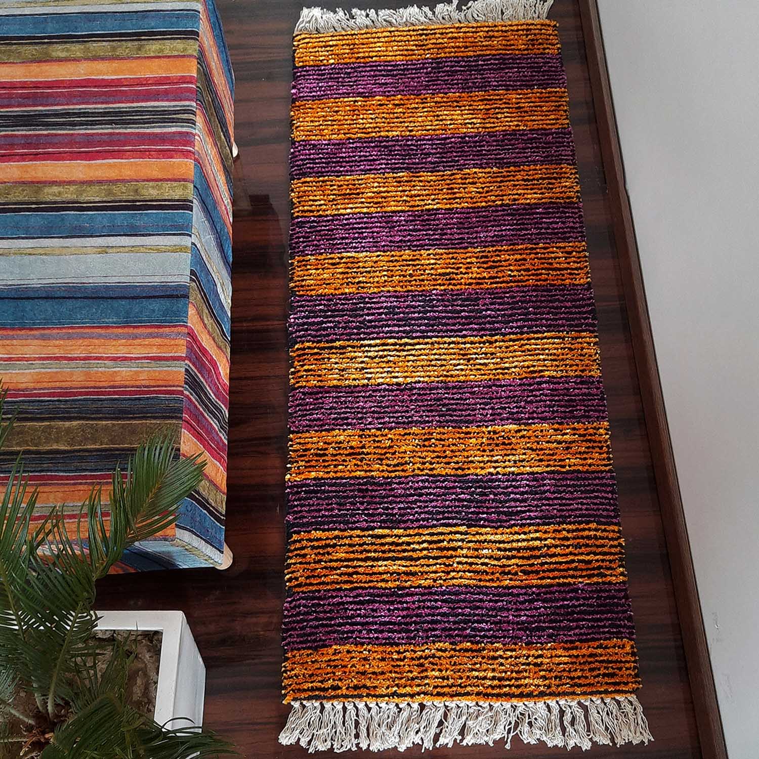 Avioni Bedside/Hallway/Pooja Carpets In Faux Silk Orange Multi-56cm x 140cm (~22Inch x 55Inch)