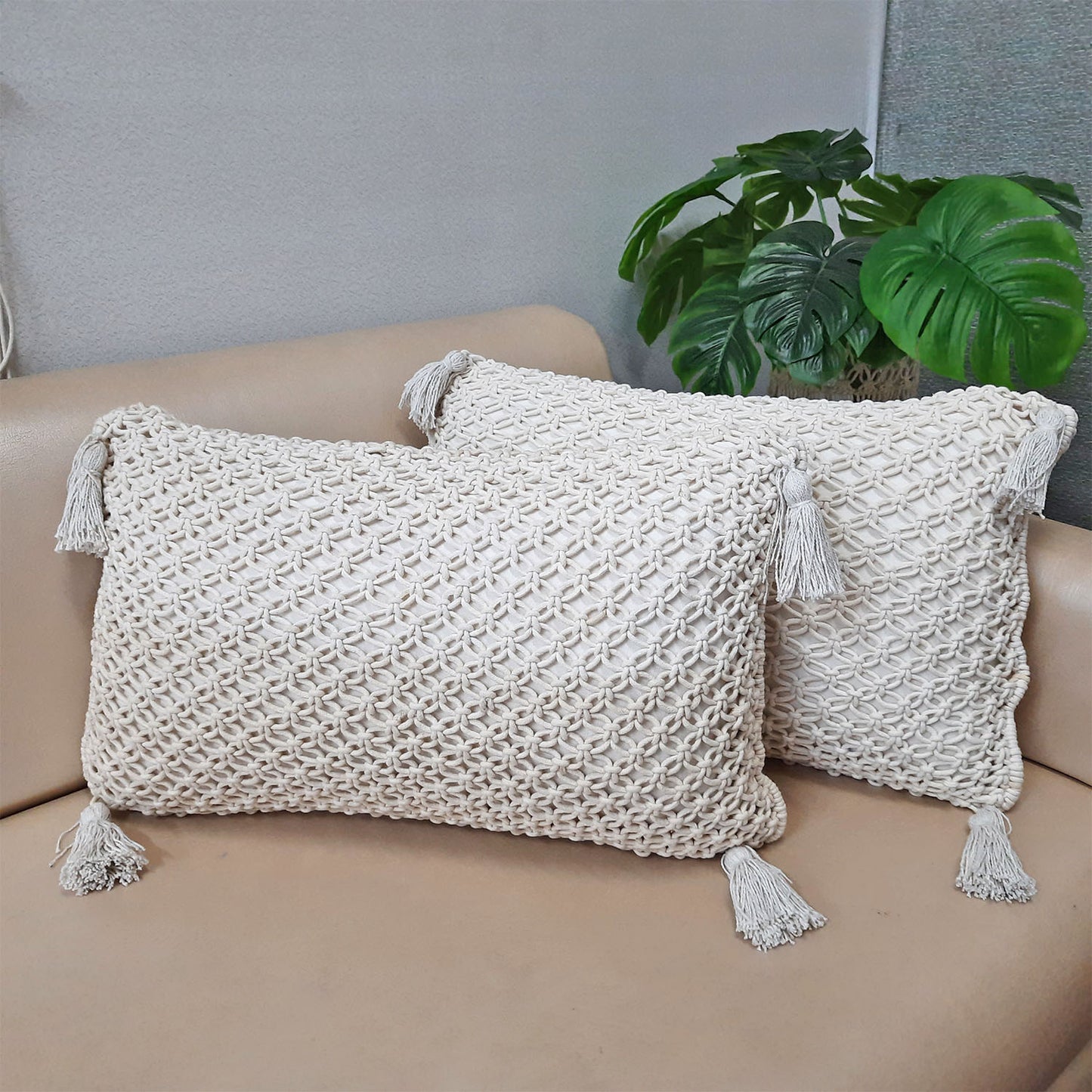 Set of Two – Bohemian Style Hand Knotted Macrame Cushion Covers 100% Bleached Cotton- 16X24 Inch (~40×60 cms)