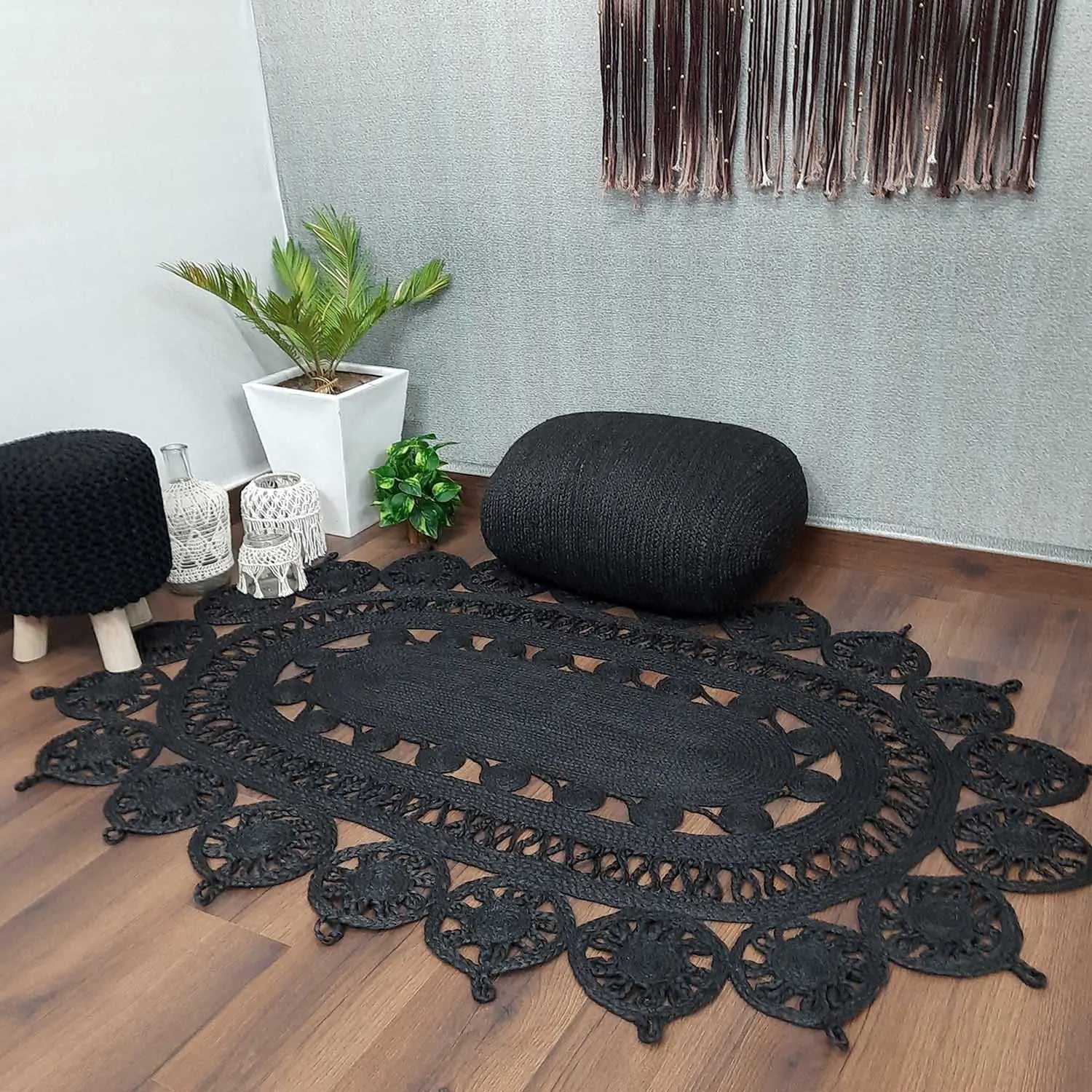 Avioni Braided Black Dyed Jute Ecofriendly Carpet Temple Design Oval Shape-Boho Collection- 120 cm x 180 cm (~4 feet X 6 feet)