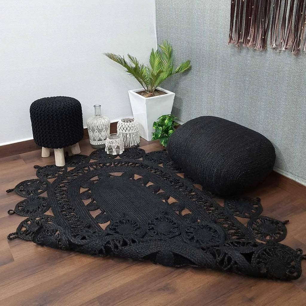 Avioni Braided Black Dyed Jute Ecofriendly Carpet Temple Design Oval Shape-Boho Collection- 120 cm x 180 cm (~4 feet X 6 feet)