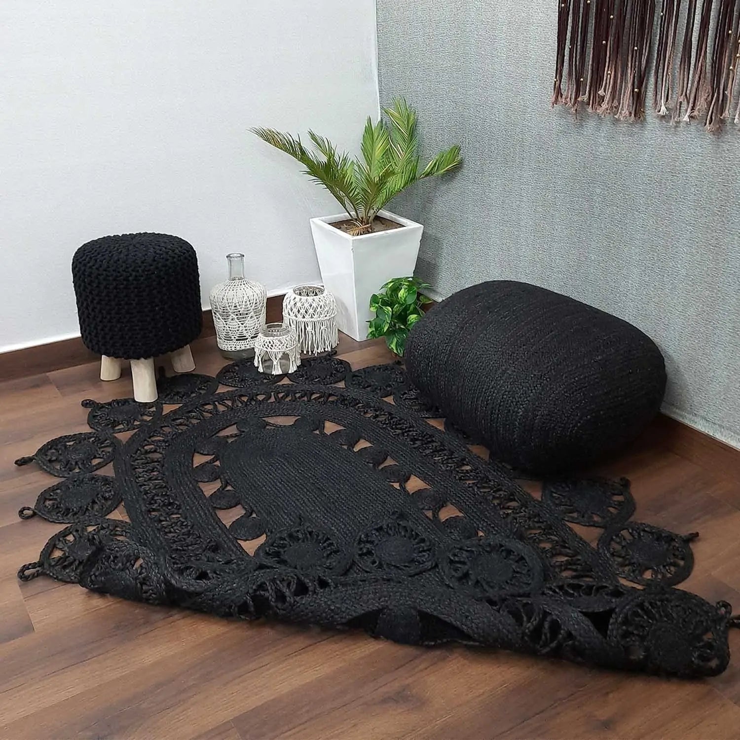 Avioni Braided Black Dyed Jute Ecofriendly Carpet Temple Design Oval Shape-Boho Collection- 120 cm x 180 cm (~4 feet X 6 feet)