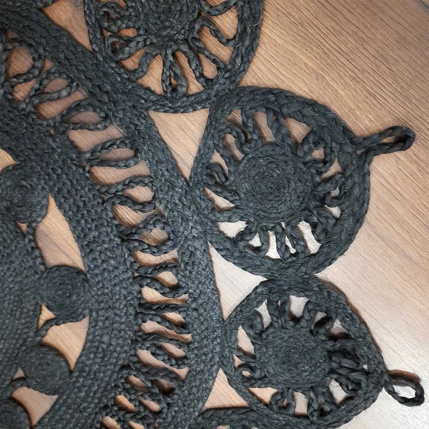 Avioni Braided Black Dyed Jute Ecofriendly Carpet Temple Design Oval Shape-Boho Collection- 120 cm x 180 cm (~4 feet X 6 feet)