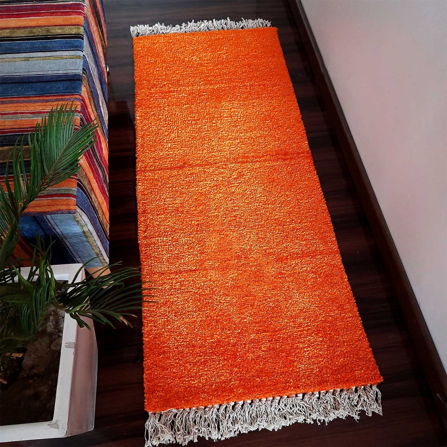 Avioni Bedside/Hallway/Pooja Carpets In Faux Silk Orange-(22X55 Inch)-56X140 cms