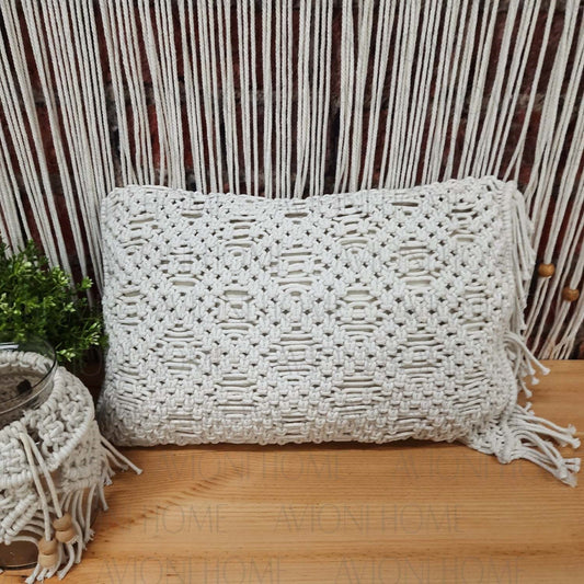Bohemian Style Hand Knotted Macrame Cushion 100% Bleached Cotton With Filler- 12X20 Inch (30×50 cms)