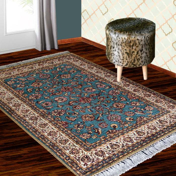 Silk Carpet Persian Design Collection Beige N Blue – Living Room Rug – 3×5 Feet (90 x 150 cms)-Avioni