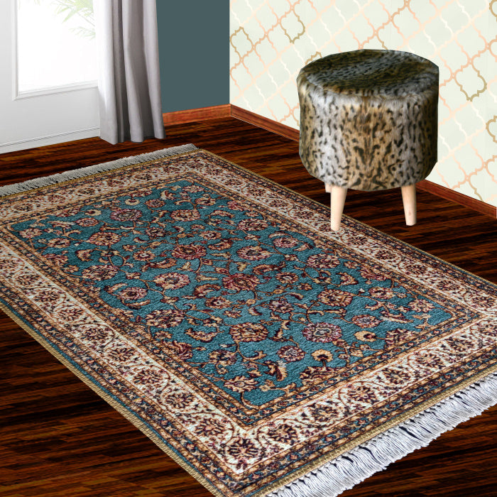 Silk Carpet Persian Design Collection Beige N Blue – Living Room Rug – 90 cm x 150 cm (~3 Feet × 5 Feet)-Avioni