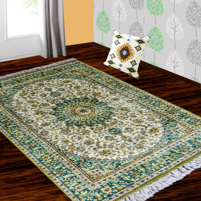 Silk Carpet Persian Design Collection Green And Beige – Living Room Rug -Avioni