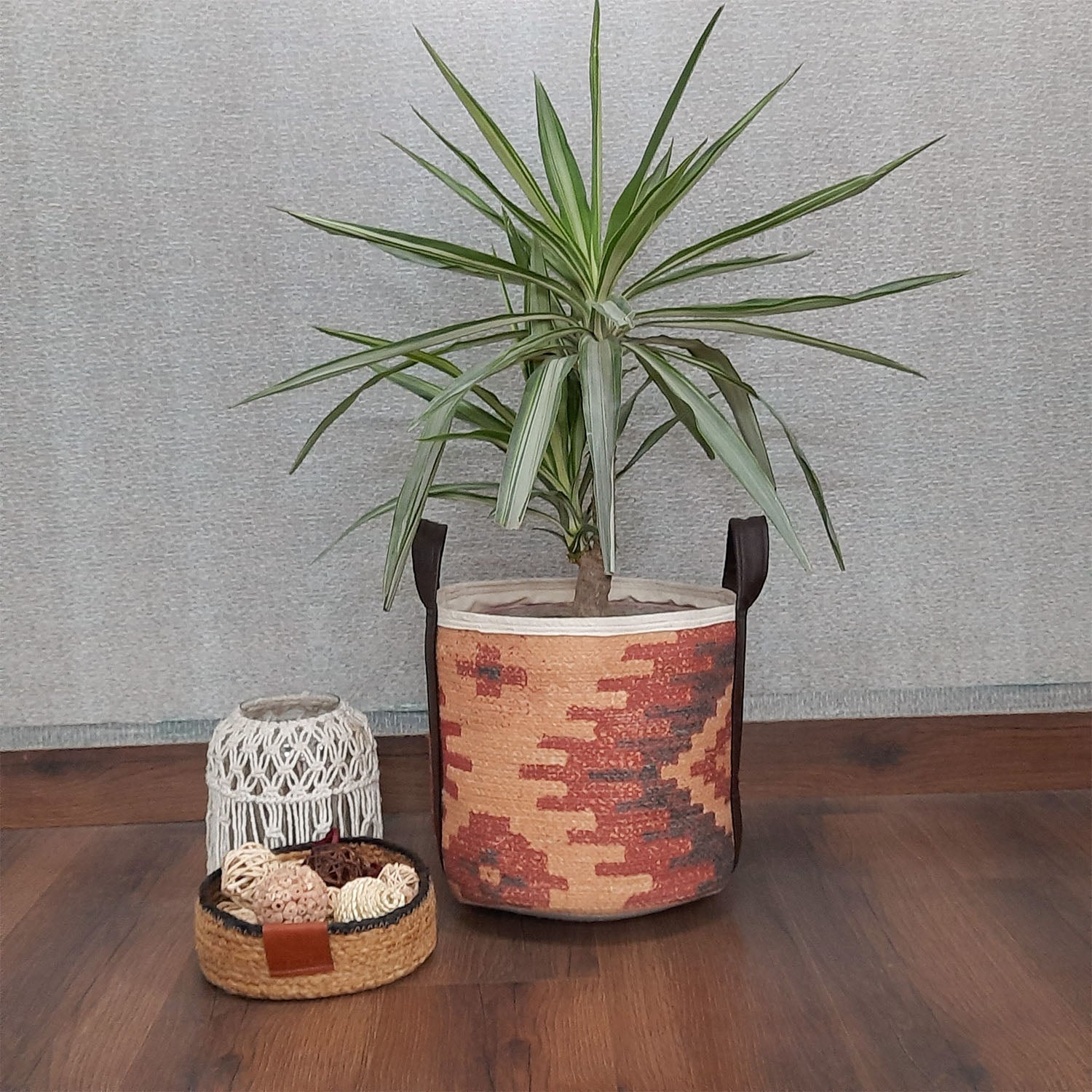 Avioni Home Hand Braided Ethnic Pattern Cotton Basket | Leatherette Handles | Canvas Inner for Extra Strength | Size: 28 x30 cms (~11×12 inch)