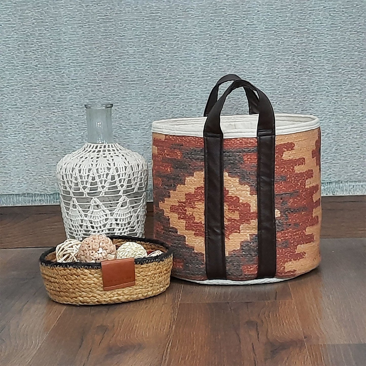 Avioni Home Hand Braided Ethnic Pattern Cotton Basket | Leatherette Handles | Canvas Inner for Extra Strength | Size: 28 x30 cms (~11×12 inch)