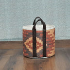 Avioni Home Hand Braided Ethnic Pattern Cotton Basket | Leatherette Handles | Canvas Inner for Extra Strength | Size: 28 x30 cms (~11×12 inch)