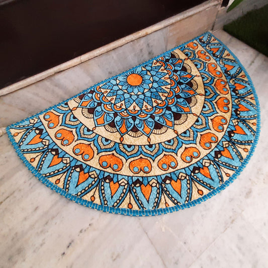Avioni Home Floor Mats in Beautiful Blue Tone Rangoli Design | Half Circle Rugs | Anti Slip, Durable & Washable | Outdoor & Indoor