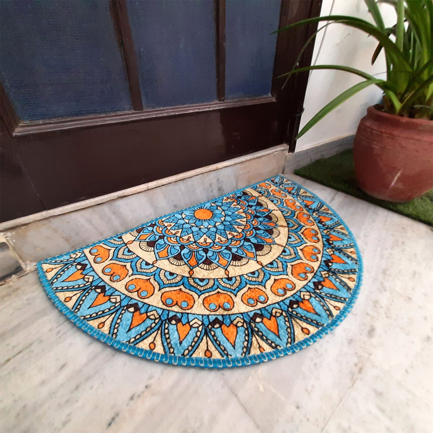 Avioni Home Floor Mats in Beautiful Blue Tone Rangoli Design | Half Circle Rugs | Anti Slip, Durable & Washable | Outdoor & Indoor