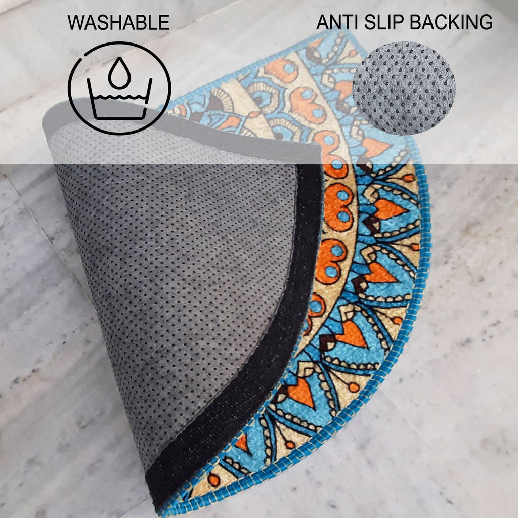 Avioni Home Floor Mats in Beautiful Blue Tone Rangoli Design | Half Circle Rugs | Anti Slip, Durable & Washable | Outdoor & Indoor