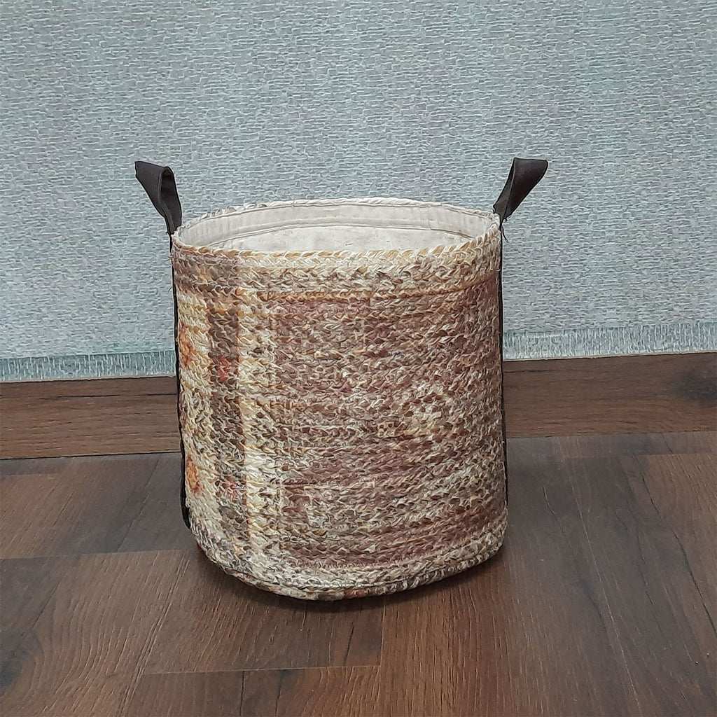 Avioni Home Hand Braided Ethnic Pattern Jute Basket | Leatherette Handles | Canvas Inner for Extra Strength | Size: 28 x30 cms (~11×12 inch)