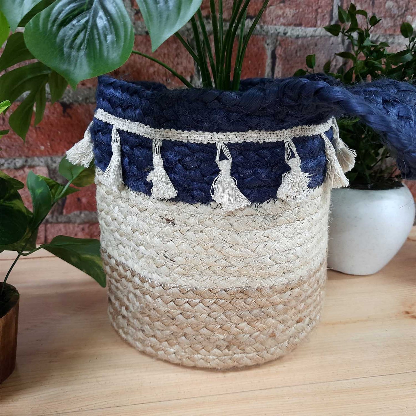Avioni Home- Hand Braided Natural Jute Baskets With Blue And Whie Hand Decorated with Fringes Large Size- 10×10 inch (25×25 cms)