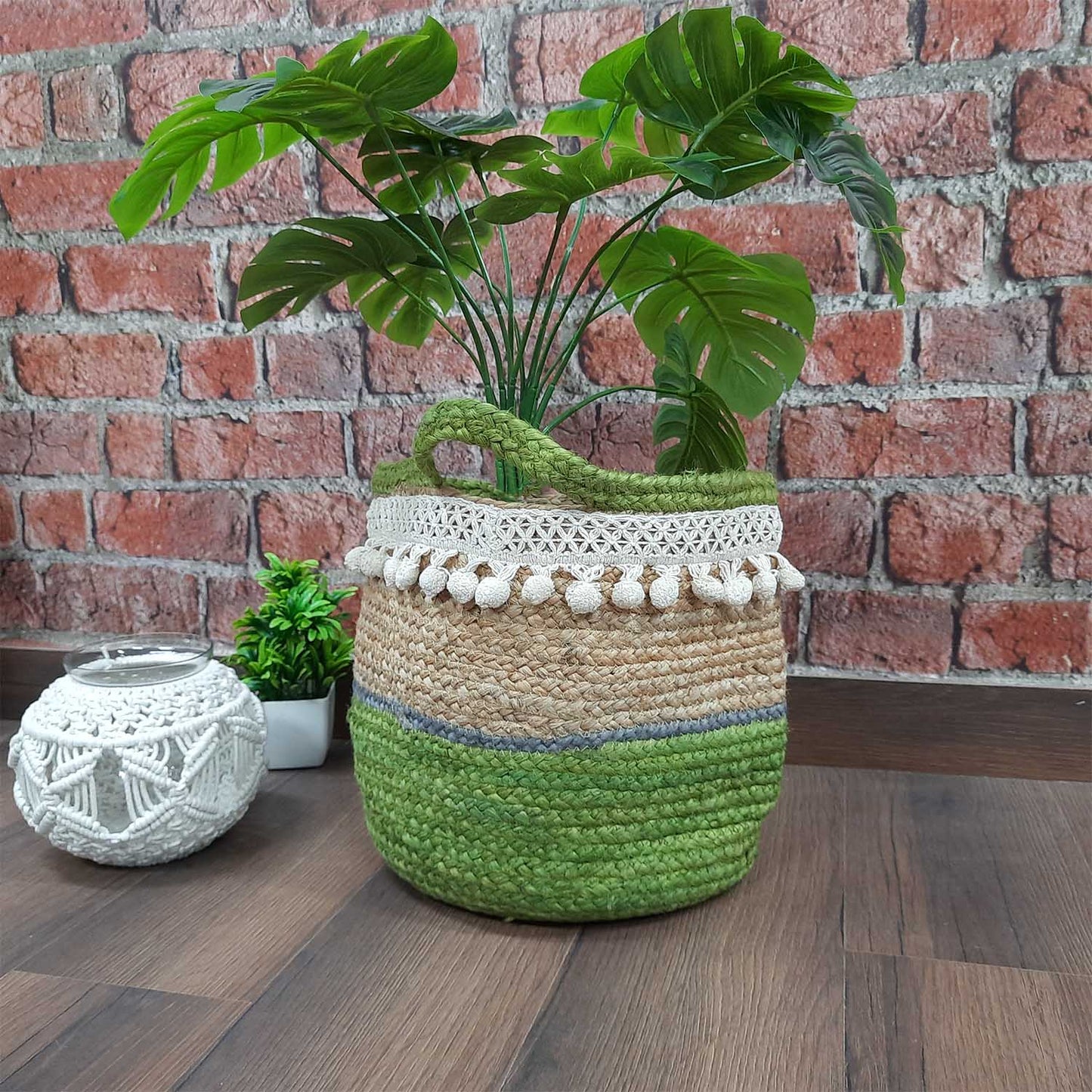 Avioni Home- Hand Braided Natural Jute Baskets With Green Hand Decorated with Fringes Large Size- 12×12 inch (31×31 cms) | Calming Green Collection