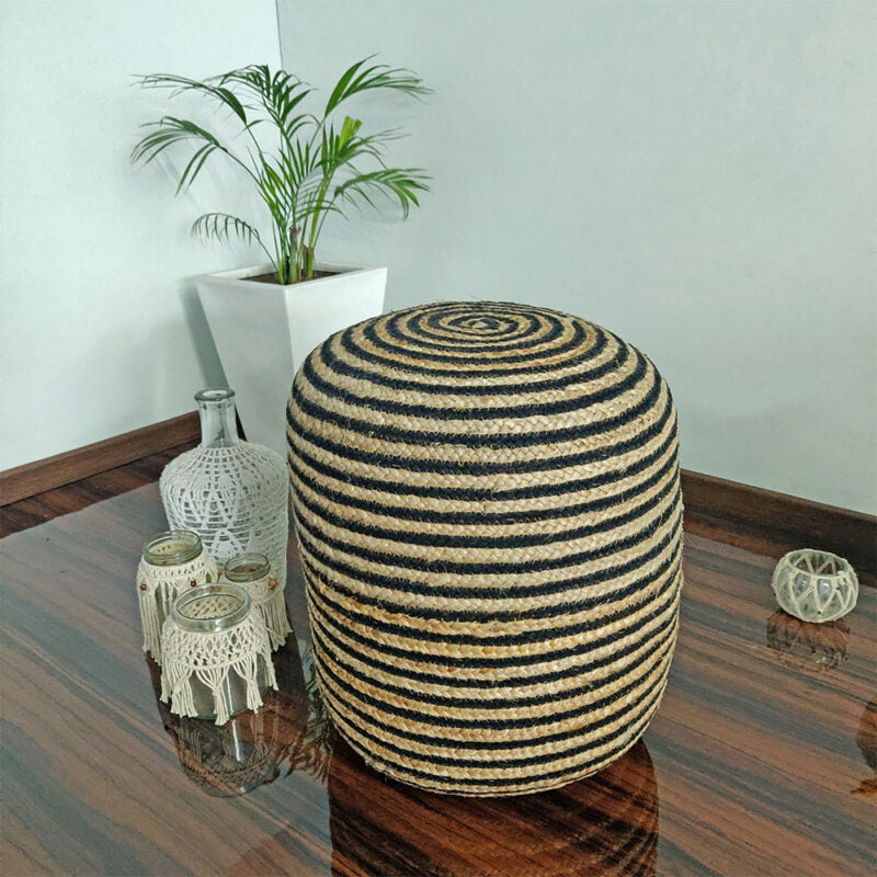 Bigmo Boho Braided Natural Jute and Black Dori Pouf Ottoman Large Size-40cm X40 cm X50 cm