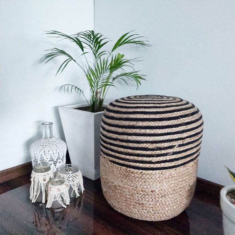 Bigmo Boho Braided Natural Jute and Black Dori Pouf Ottoman Large Size-40cm X40 cm X50 cm