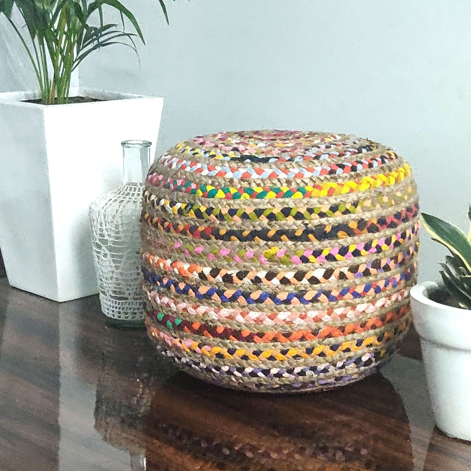 Bigmo Boho Braided Natural Jute and Multi Chindi Pouf Ottoman Large Size-40cm X40 cm X50 cm