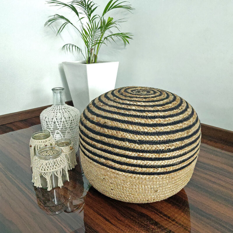 Bigmo Boho Braided Natural Jute and Black Dori Pouf Ottoman-35 cm X 42cm X42cm