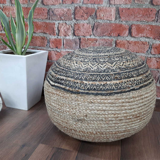 Avioni Home- Hand Braided Natural Jute Pouf With Printed Top- Filled with FR Beans- Large Size-40x60x60 cms