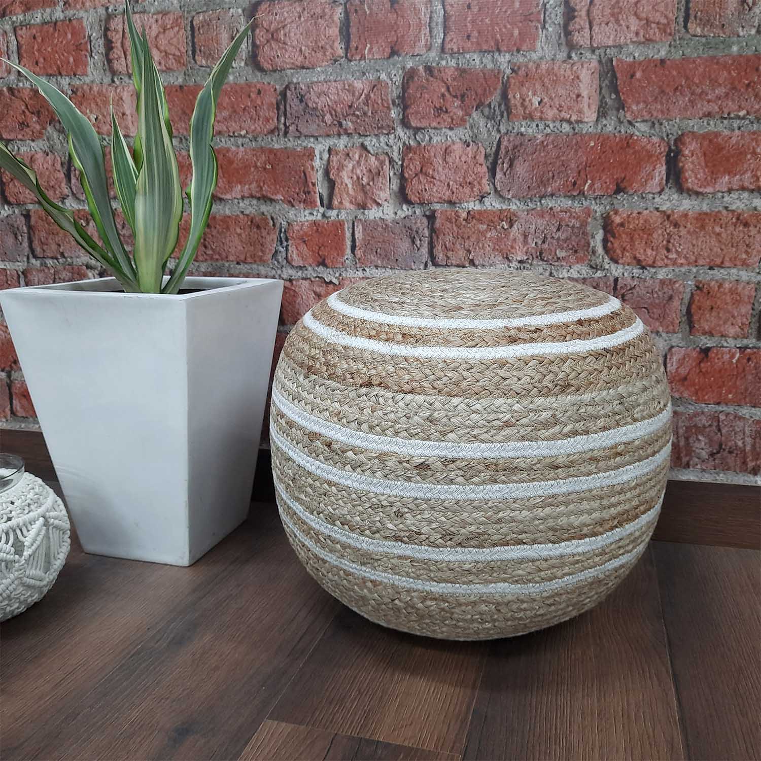 Avioni Home- Hand Braided Natural Jute Pouf With White Cotton Dori- Filled with FR Beans- Large Size-45x50x50 cms