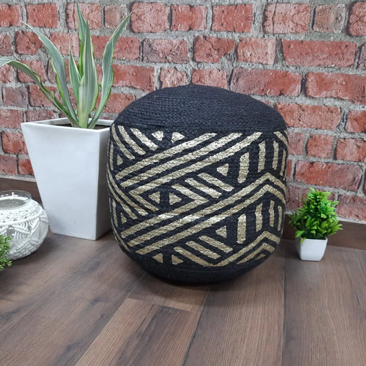 Avioni Home- Hand Braided Natural Jute Pouf With Golden Foil Print – Filled with FR Beans- Large Size-40x55x55 cms