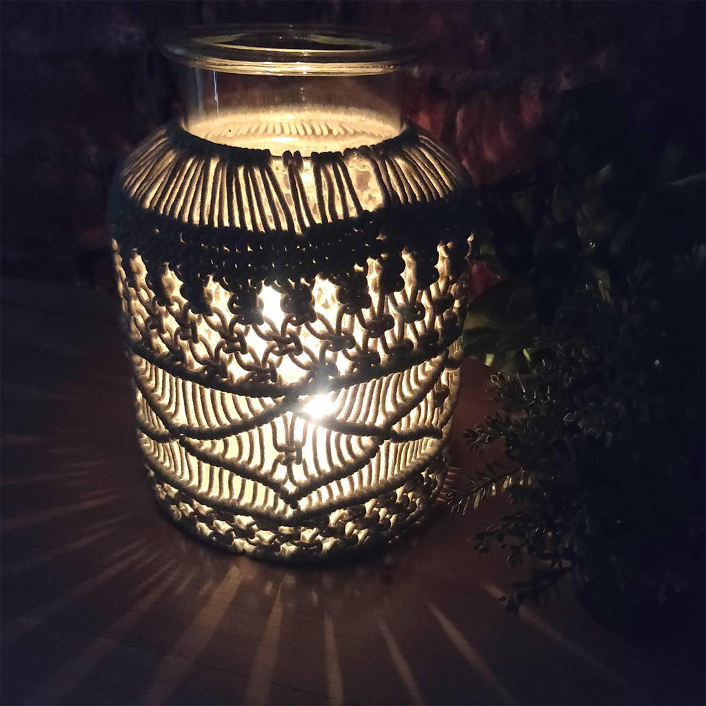 Avioni Home Hand Moulded Glass Jars With Beautifully Crafted Macrame Cover Candle Lantern-8.5 X 12 Inches (22*32 cms)- X Large Size (Copy)