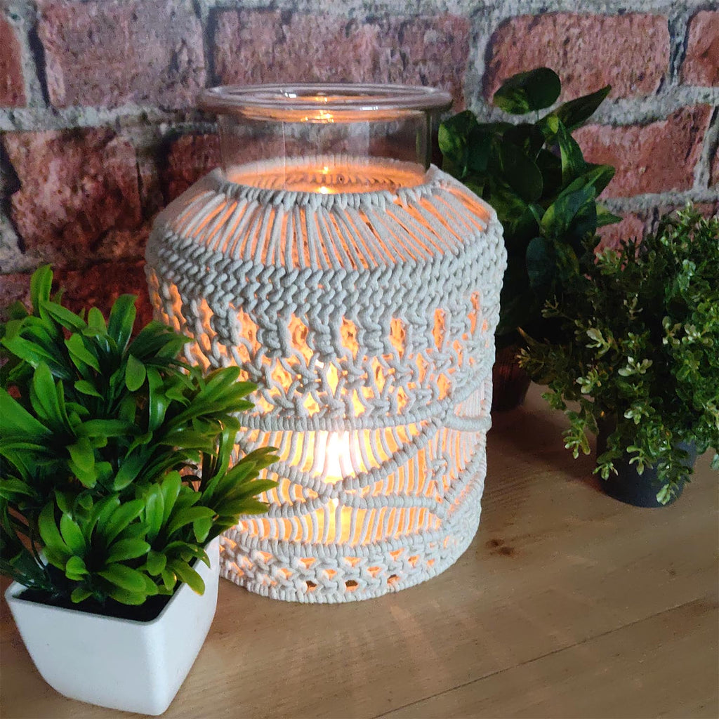 Avioni Home Hand Moulded Glass Jars With Beautifully Crafted Macrame Cover Candle Lantern-8.5 X 12 Inches (22*32 cms)- X Large Size (Copy)