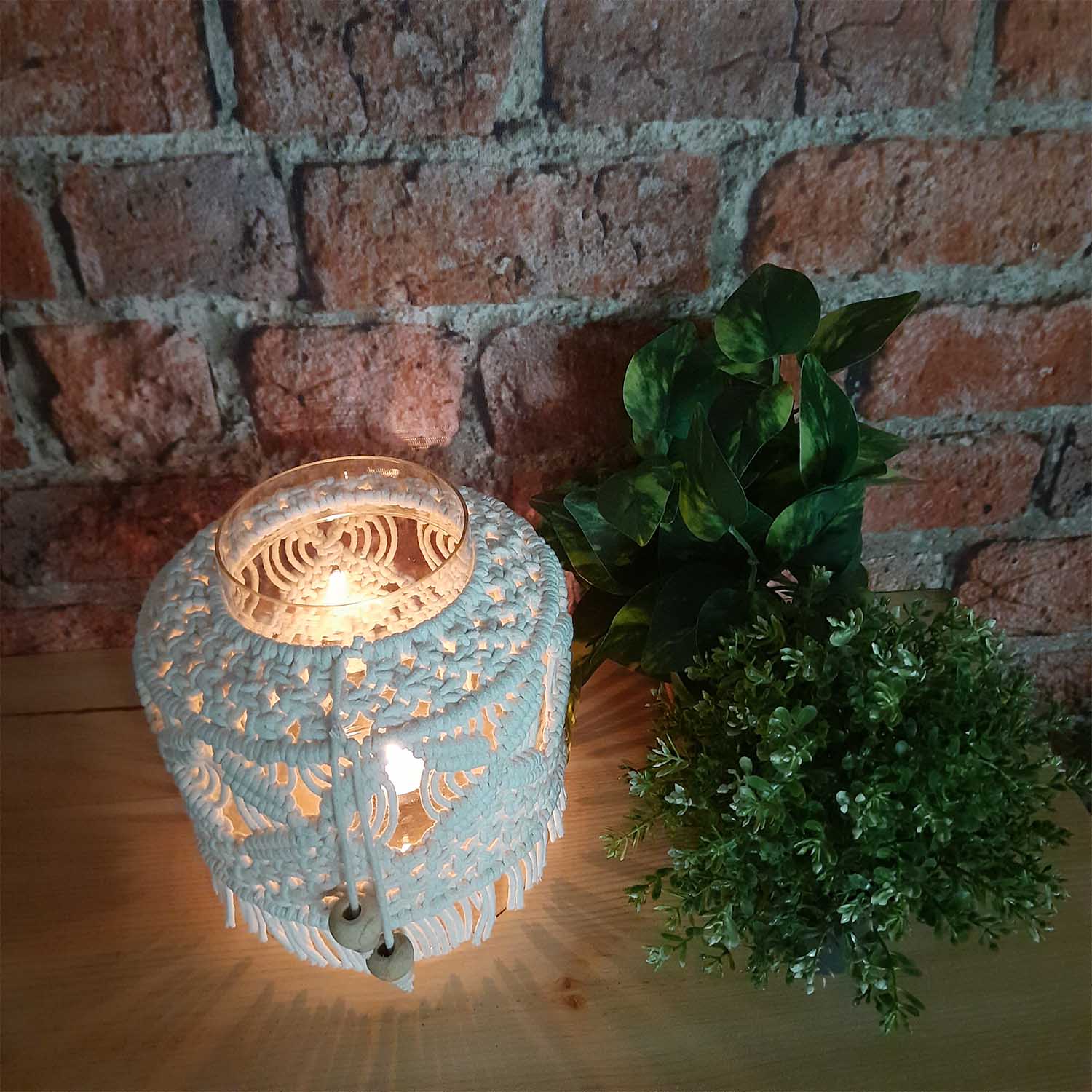 Avioni Home Hand Moulded Glass Jars With Beautifully Crafted Macrame Cover Candle Lantern-7.5 X 9 Inches (19*23 cms)- Large Size