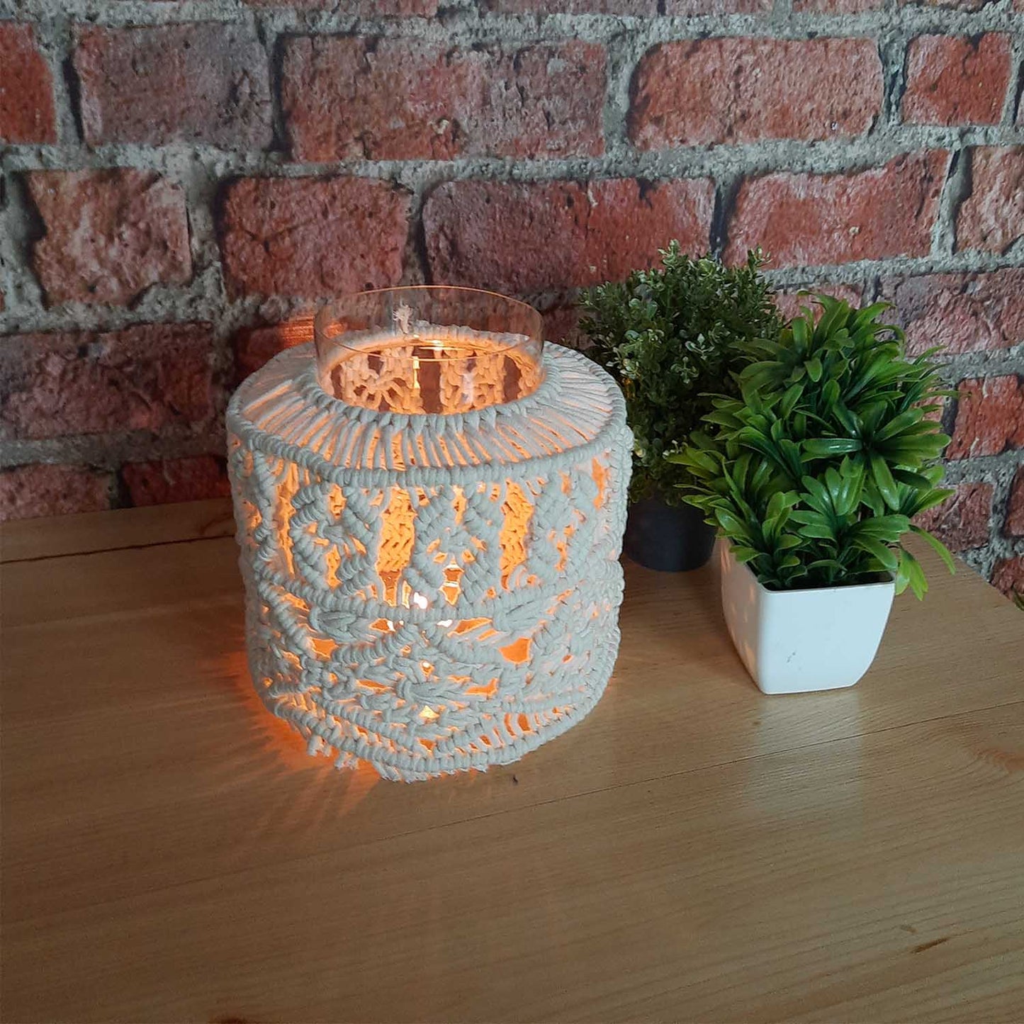 Avioni Home Hand Moulded Glass Jars With Beautifully Crafted Macrame Cover Candle Lantern-7.5 X4.5 Inches (19*11.5 cms)