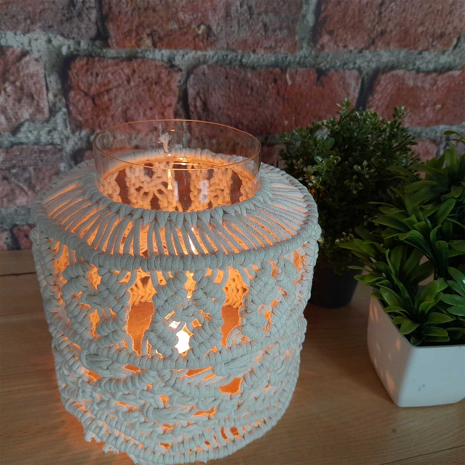 Avioni Home Hand Moulded Glass Jars With Beautifully Crafted Macrame Cover Candle Lantern-7.5 X4.5 Inches (19*11.5 cms)